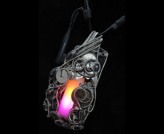Sunrise-Sunset Steampunk/Cyberpunk Fusion Necklace in Sterling Silver with Upcycled Watch Parts