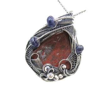 Dinosaur Bone Fossil & Iolite Wire-Wrapped Pendant Necklace in Sterling Silver