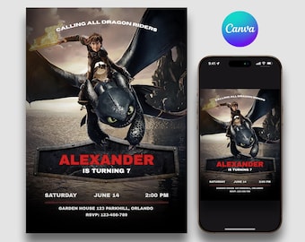 How to Train your Dragon Birthday Invitation Template, Canva Editable Digital Invitation for Kids, Viking Party