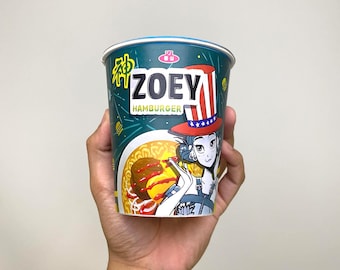 Zoey's Ramyeon, etichetta per noodles in tazza, cacciatori di demoni Kpop, design di packaging stampabile, cosplay