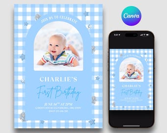 Baby Boy First Birthday Invitation Template, Editable Photo, 1st Celebration Party, Printable Canva Invites