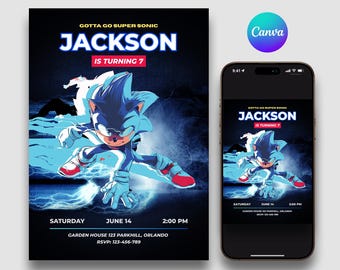Sonic Birthday Invitation Template, Canva Editable Digital Invitation for Kids, Super Hedgehog Boys Cool Party