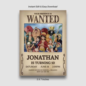 Może przedstawiać: Spersonalizowane zaproszenie z motywem plakatu poszukiwawczego w stylu vintage. Plakat przedstawia grupę postaci z anime i zawiera tekst "JONATHAN MA 10 LAT" ze szczegółami wydarzenia. Wymiary: 12,7 x 17,8 cm.