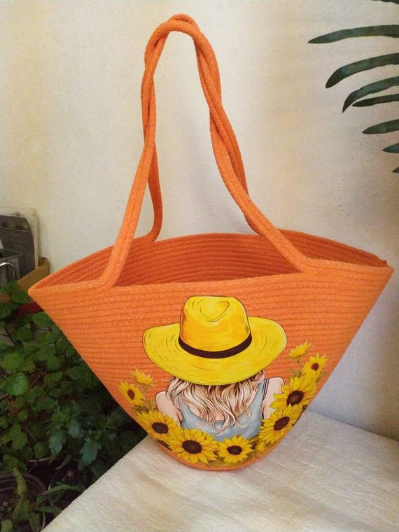 Handmade Orange Jute Beach Bag - Sunflower and Hat Girl Themed Large Summer Shoulder Bag - Holiday Accessory