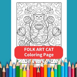 Cat Coloring Page Printable – Folk Art Cat Drawing for Kids and Adults – Fun, Calming, Whimsical Coloring Sheet