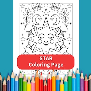 Star Coloring Page: Hand-Drawn Folk Art Celestial Design (PDF Download