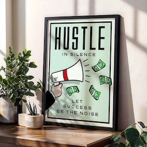 Hustle in Silence Motivational Poster – Modern Money Wall Art with Black Aluminum Frame – Success Quote Print for Office, Gym or Home Decor