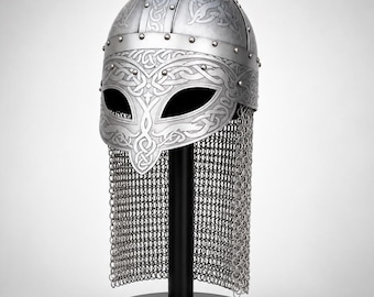 Etched Viking Gjermundbu Helmet, Steel Chainmail Armor, LARP Cosplay Medieval Decor