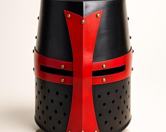 Crusader Helmet | Black & Red Templar Knight Helmet | Medieval Armor Cosplay | LARP Helmet | Handmade Steel Helmet | Crusader Costume Gear