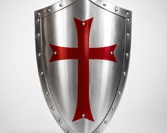 Handcrafted Metal Templar Knight Shield, Medieval Crusader Wall Decor, Red Cross Prop