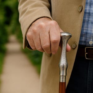 Engraved Metal Handle Walking Cane | Silver & Gold Brass Stick | Handmade Wooden Cane for Men | Vintage Decorative Cane | Gift for Him