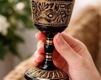Black Gold Brass Engraved Goblet, Vintage Medieval Chalice, 6-inch Drinkware, Luxury Decor