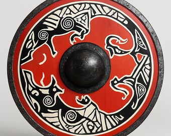 Handmade Viking Shield | Red Dragon Norse Celtic Knotwork Wall Decor