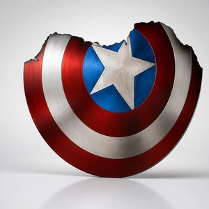 May include: A damaged Captain America shield, featuring a red, white, and blue color scheme. The shield has a silver star in the center, surrounded by a blue circle. The outer edges show signs of wear and tear, with a portion of the shield missing.