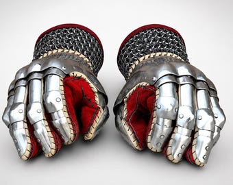 May include: A pair of articulated metal gauntlets featuring polished steel plates over a bright red fabric lining. The cuffs are constructed from interlocking chainmail rings with a dark red trim, and the finger sections are secured with visible stitching.