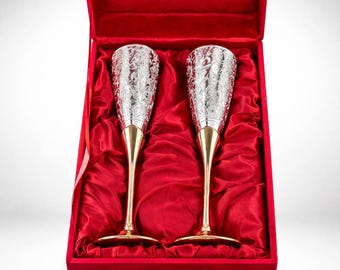 Engraved Gold Champagne Flutes Set of 2, Wedding Anniversary Toasting Glasses (Gift Box)