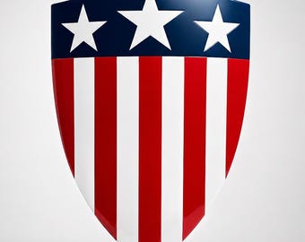 May include: A shield featuring a pointed bottom and a flat top edge. The upper section is a dark blue horizontal band containing three white five-pointed stars. The lower section displays vertical red and white stripes across the surface.