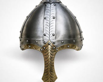 Elmo vichingo in acciaio e ottone realizzato a mano: armatura medievale norrena per cosplay e costume da guerriero.