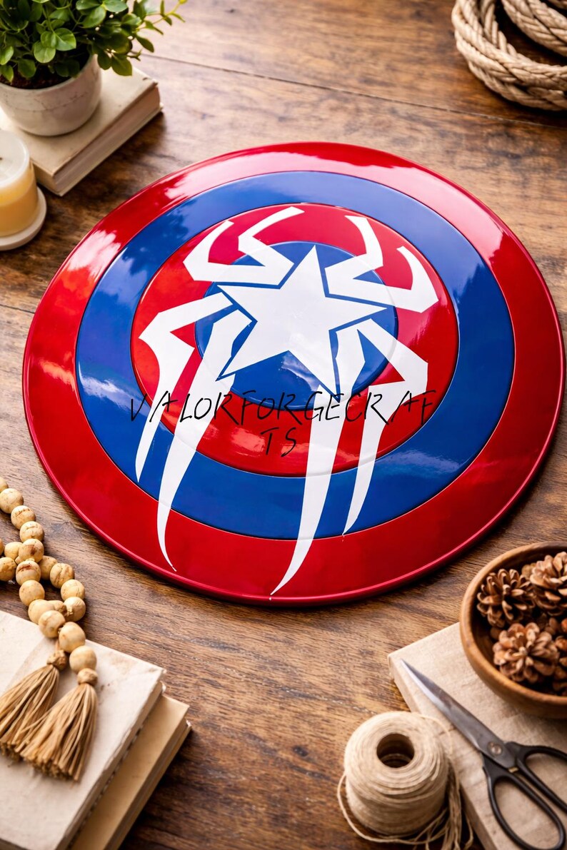May include: A red, white, and blue shield with a star and stylized design. The shield has a circular shape with the text "VALORFORGE CRAFTS" on it. The shield is a prop or collectible.