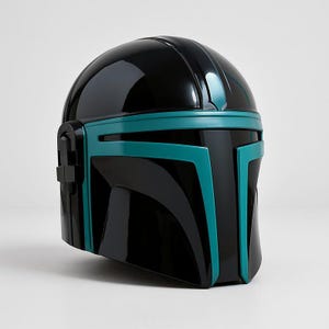 May include: A glossy black helmet featuring a smooth, rounded dome and a distinct T-shaped visor area accented with vibrant teal trim. The design includes a prominent central ridge and side ear-cap details, showcasing a sleek, reflective finish.