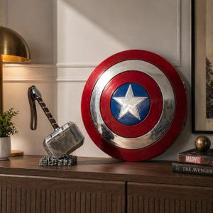 Puede incluir: Un escudo del Capit&aacute;n Am&eacute;rica rojo, blanco y azul, y un martillo de Thor plateado con un mango marr&oacute;n. El escudo presenta una estrella blanca sobre un c&iacute;rculo azul. El martillo descansa sobre una base decorativa. Decoraci&oacute;n tem&aacute;tica de Marvel.