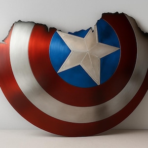 May include: A distressed shield with a red, white, and blue color scheme. The shield has a silver star on a blue circle in the center, surrounded by red and silver stripes. The top edge of the shield is damaged, giving it a battle-worn appearance.
