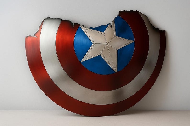 May include: A distressed shield with a red, white, and blue color scheme. The shield has a silver star on a blue circle in the center, surrounded by red and silver stripes. The top edge of the shield is damaged, giving it a battle-worn appearance.