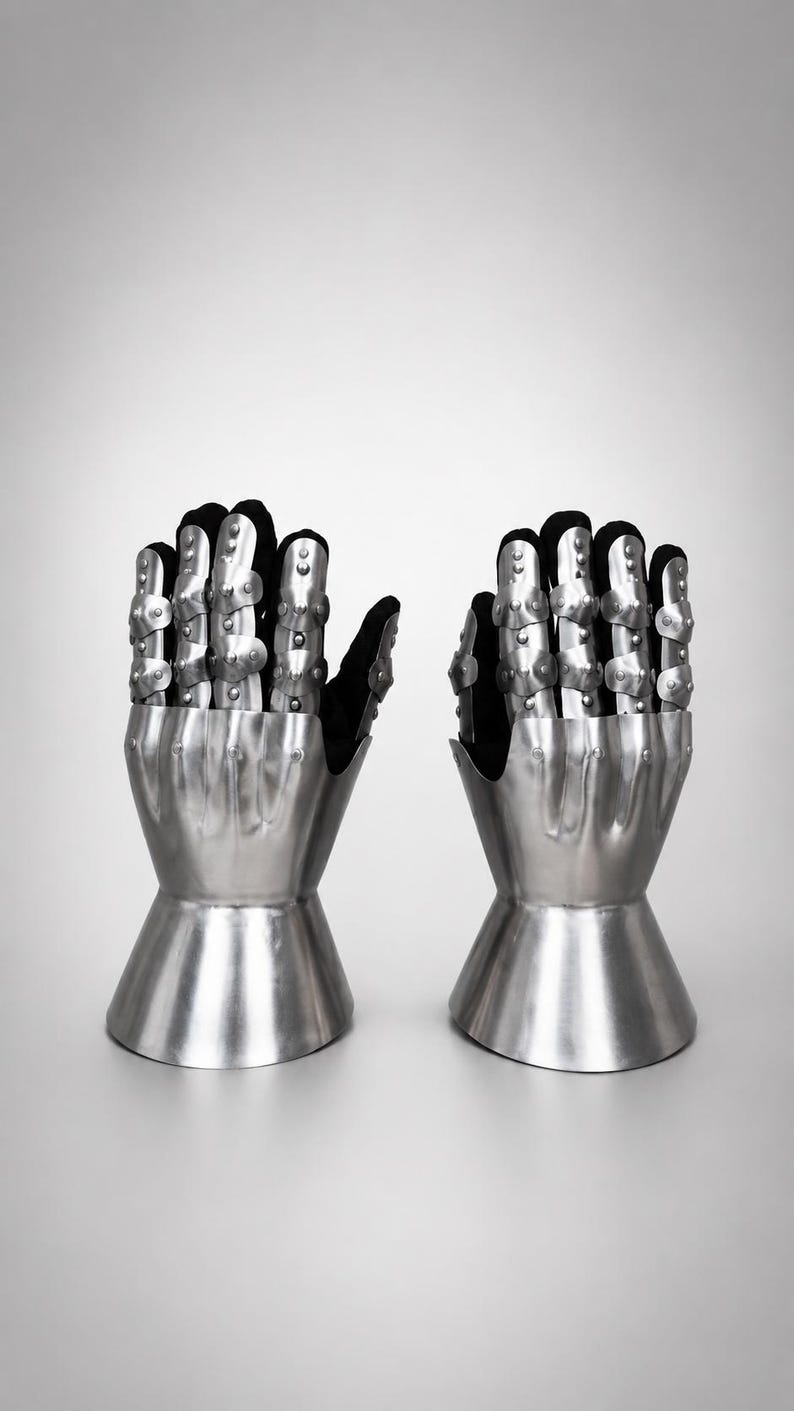 May include: A pair of articulated metal gauntlets featuring a polished silver finish. Each glove consists of a flared steel cuff, a hand plate, and segmented finger coverings with small rivets, all attached to a black fabric base for flexibility.