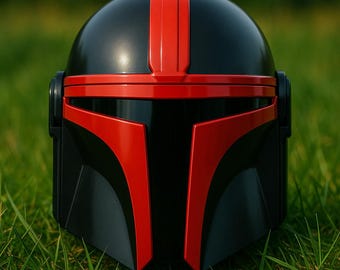 Niestandardowy hełm cosplay w stylu Mandalorian | Czarno-czerwony hełm z pancerzem science fiction | Rekwizyt kostiumowy Star Warrior | Prezent kolekcjonerski
