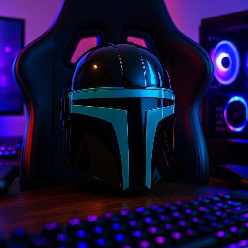 May include: A glossy black helmet featuring a distinct T-shaped visor design with bright cyan blue accents along the faceplate. The helmet has a smooth, reflective surface and a structured, rounded top, presented in a dark, gaming-themed environment.