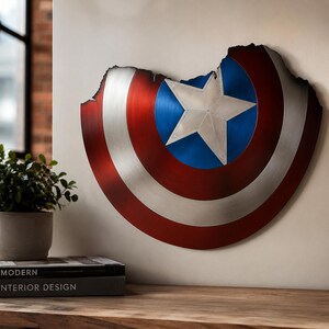 May include: A distressed metal shield with a red, white, and blue color scheme. The shield features a central blue circle with a silver star and red and white stripes. The shield has a damaged edge.