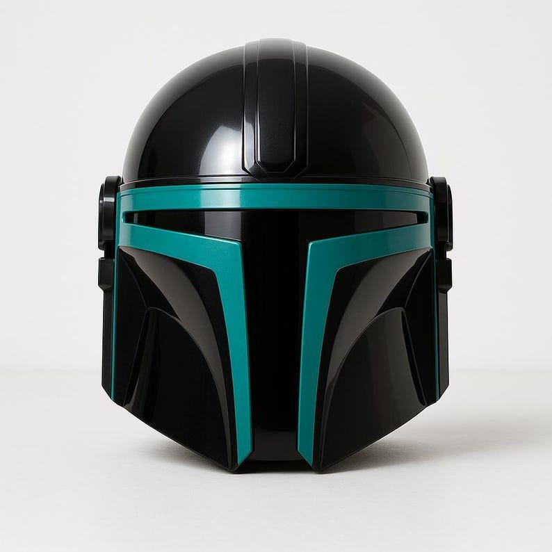May include: A glossy black helmet featuring a prominent teal T-shaped visor accent. The helmet has a smooth, rounded dome top, a central vertical ridge, and circular side ear caps. The design is symmetrical with clean lines and a polished finish.