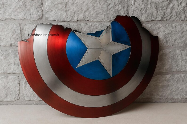 May include: A distressed shield with a red, white, and blue color scheme. The shield features a central blue circle with a white star, surrounded by red and silver stripes. The shield has a battle-worn appearance.