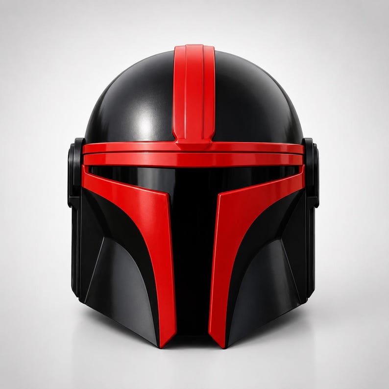 May include: A full-face helmet featuring a smooth black finish with a prominent vertical red stripe running over the crown and a red T-shaped visor frame. The design includes a dark, glossy face shield and integrated side ear caps on both sides.