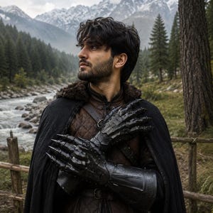 May include: A pair of black, articulated gauntlets with sharp, claw-like fingertips, worn over a brown quilted doublet and a dark cloak with a fur-trimmed collar. The gauntlets feature intricate, segmented plating that covers the hands and forearms.