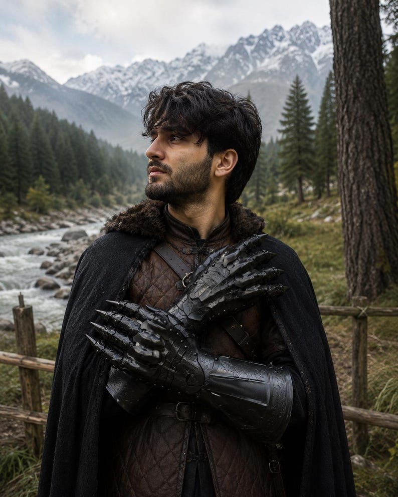 May include: A pair of black, articulated gauntlets with sharp, claw-like fingertips, worn over a brown quilted doublet and a dark cloak with a fur-trimmed collar. The gauntlets feature intricate, segmented plating that covers the hands and forearms.
