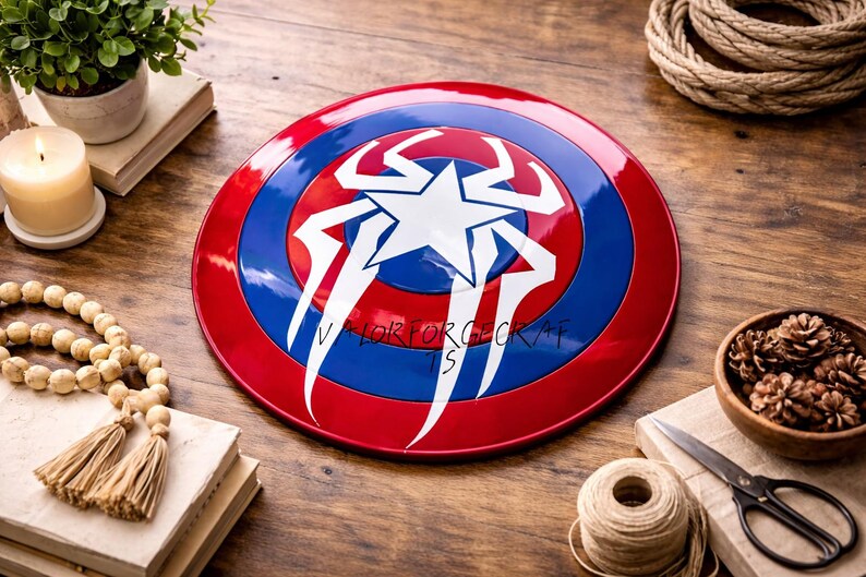 May include: A red, white, and blue shield with a star and lightning bolt design. The shield is round and has a glossy finish. The text "VALORFORGEECKS" is printed on the shield. The shield is a collectible item.