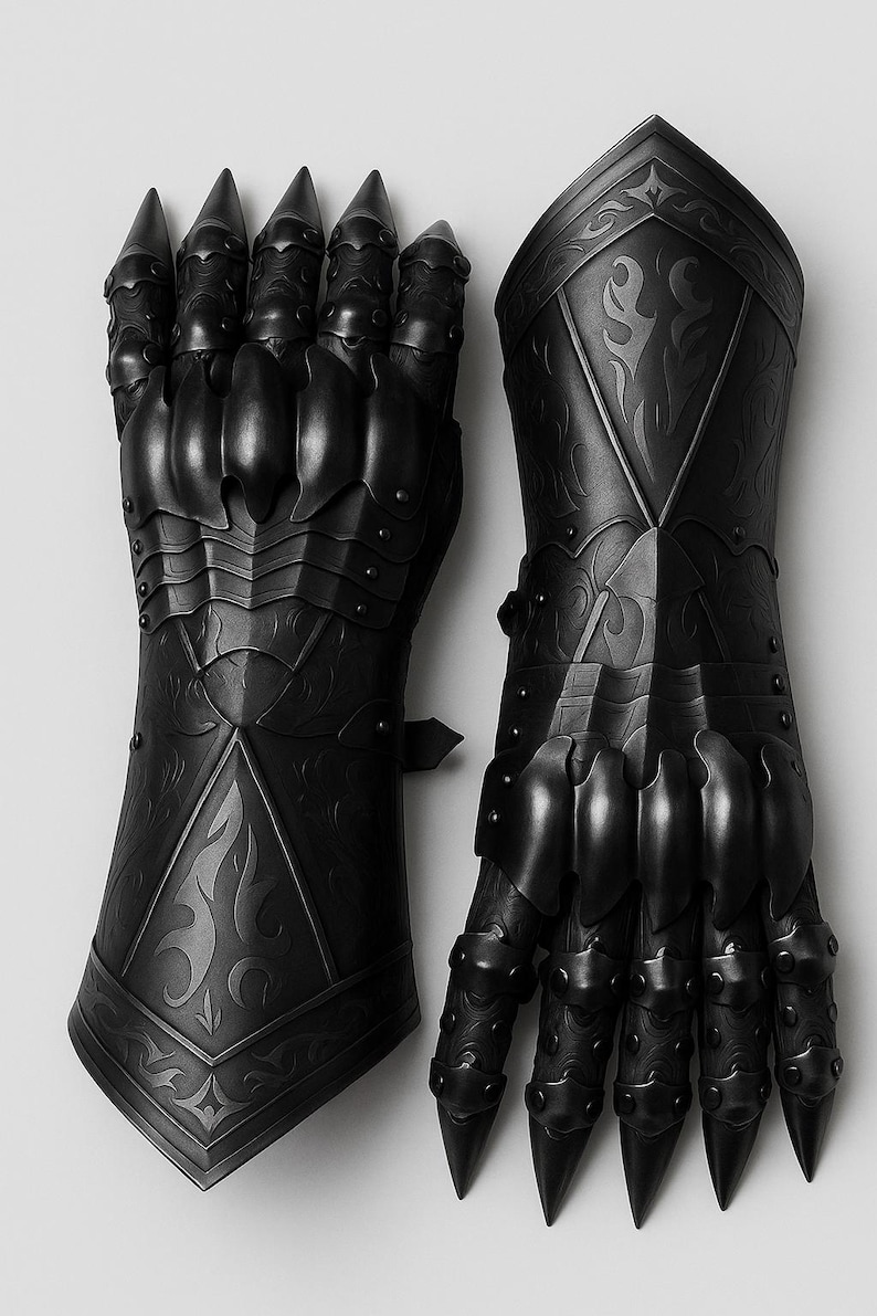 May include: A pair of matte black articulated gauntlets featuring intricate embossed scrollwork patterns on the forearm plates and segmented finger armor with pointed tips. The metal construction includes overlapping plates and rivets.
