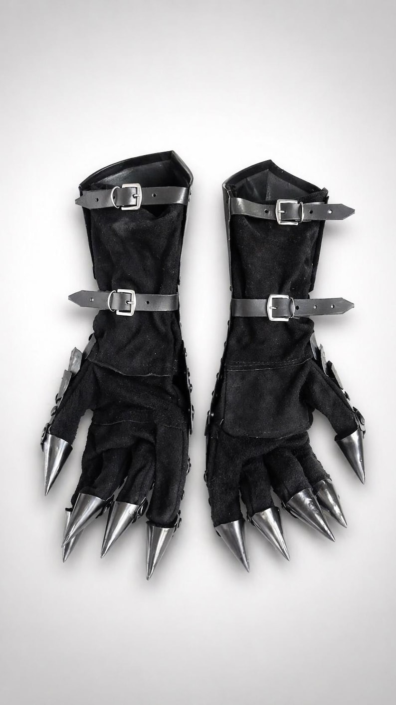 May include: A pair of black gloves featuring long, pointed metallic claws on each fingertip. The gloves are constructed from a soft, dark fabric and include two adjustable leather straps with silver-toned buckles across the forearm area.