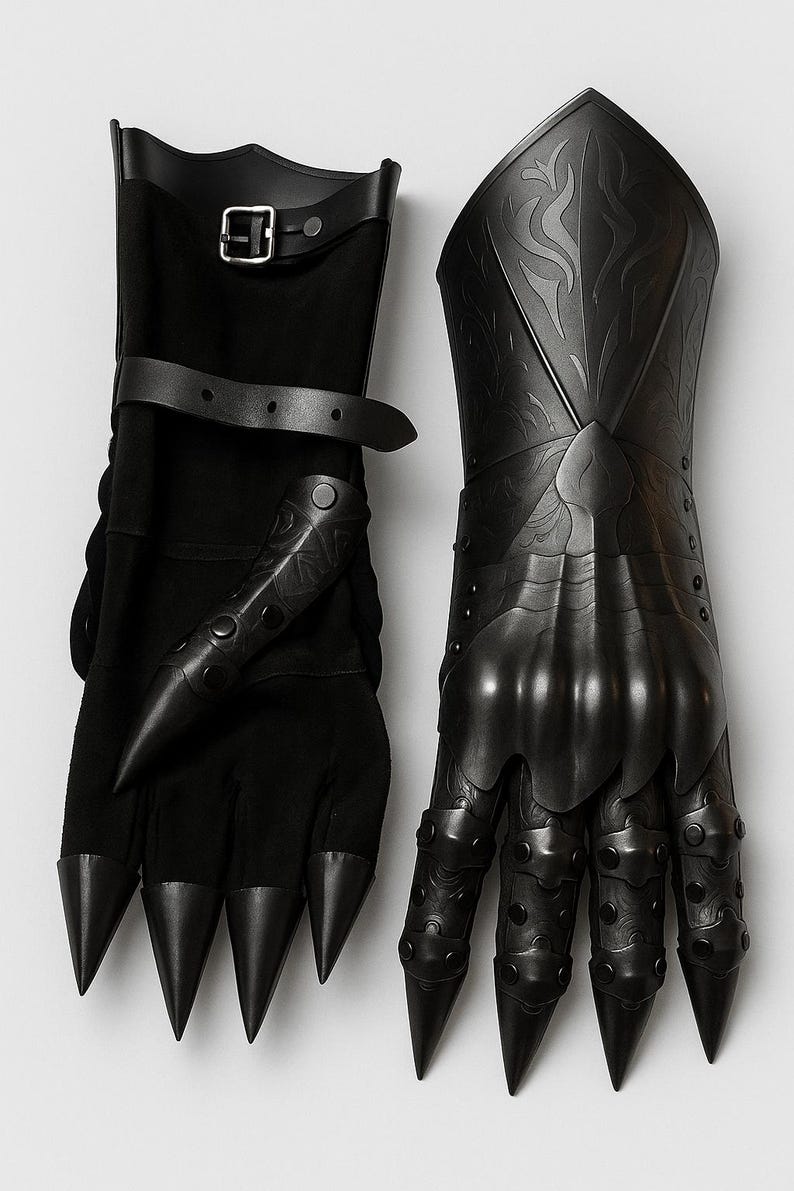 May include: A pair of black gauntlets featuring articulated finger plates with pointed tips, embossed scrollwork patterns on the hand and wrist sections, and adjustable leather straps with metal buckles at the forearm for a secure fit.