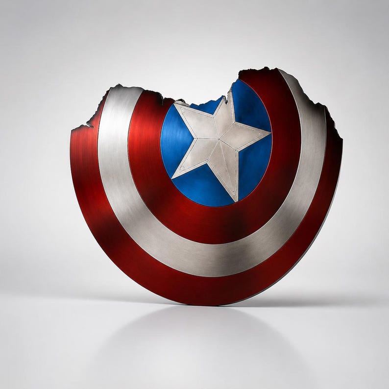 May include: A damaged Captain America shield, featuring a red, white, and blue color scheme. The shield has a silver star in the center, surrounded by a blue circle. The outer edges show signs of wear and tear, with a portion of the shield missing.