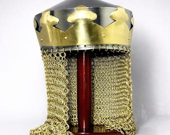 Handmade Steel Medieval Crown Helmet with Chainmail, Royal Warrior Armor Headpiece