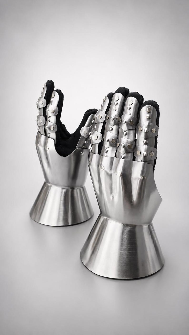 May include: A pair of articulated metal gauntlets featuring polished steel plates over a black fabric base. Each gauntlet consists of a flared cuff, a solid hand plate, and segmented finger coverings secured with small rivets for flexible movement.