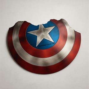 May include: A distressed Captain America shield with a missing section. The shield features a blue center with a white star, surrounded by red and silver concentric rings. The text "Hamdaan Handicraft" is visible.