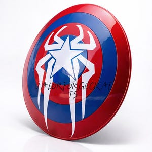 May include: A red, white, and blue shield with a star and stylized design. The shield has a glossy finish and the text "VALORFORGECRAFTS" is written on the shield.