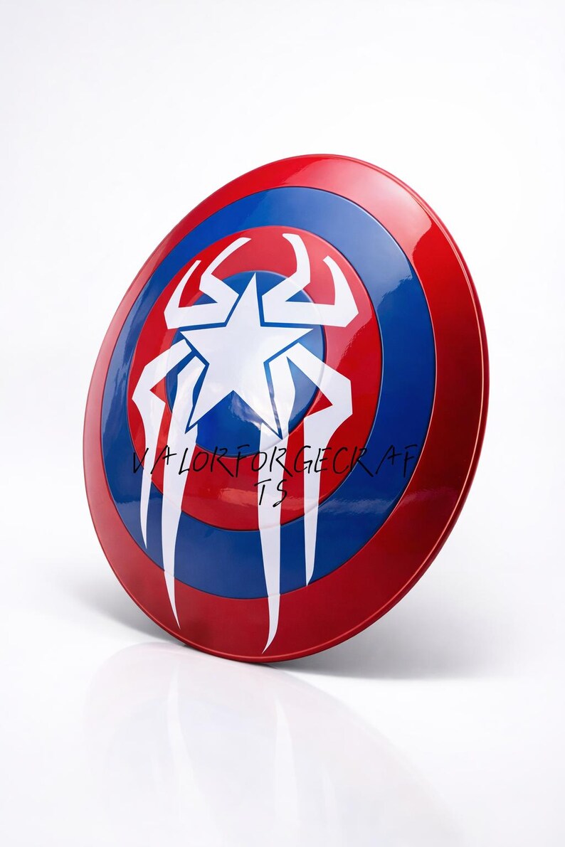 May include: A red, white, and blue shield with a star and stylized design. The shield has a glossy finish and the text "VALORFORGECRAFTS" is written on the shield.