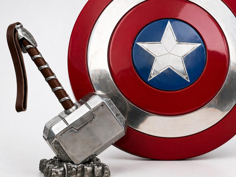 Puede incluir: Un martillo de Thor plateado y marr&oacute;n descansa sobre una base rocosa junto a un escudo del Capit&aacute;n Am&eacute;rica rojo, blanco y azul. El escudo tiene un borde plateado y una estrella blanca sobre un c&iacute;rculo azul en el centro. El martillo tiene un mango marr&oacute;n.