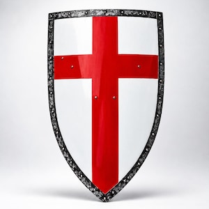 Könnte beinhalten: Ein Schild in Heizkörperform mit weißer Oberfläche und einem kräftigen roten Kreuz in der Mitte. Der Schild ist von einem dunklen, strukturierten, gehämmerten Metallrand umgeben, der mit gleichmäßig verteilten Nieten befestigt ist.