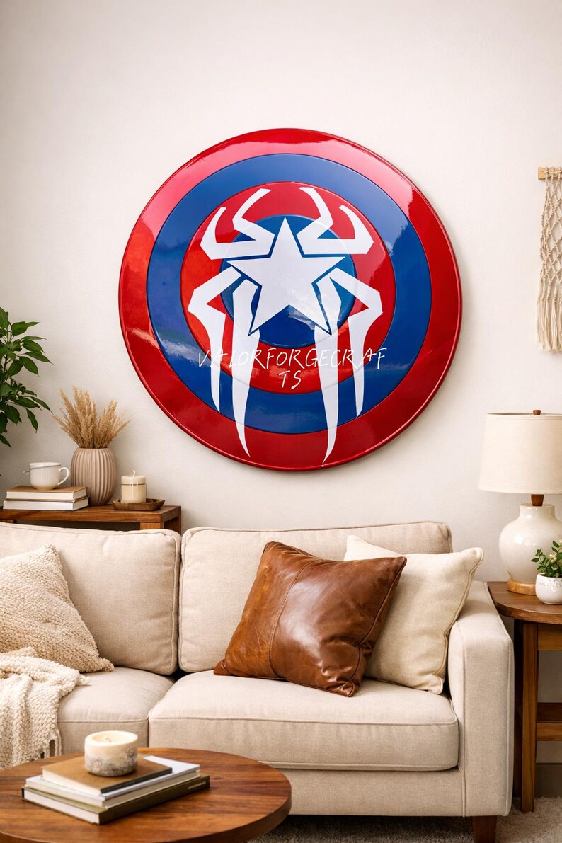 May include: A large, round shield with a red outer ring, blue inner ring, and a white star and stylized design in the center. The text "VALORFORGECRAFT TS" is printed on the shield. The shield is hanging on a white wall.