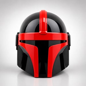 May include: A glossy helmet featuring a bold color scheme of black and bright red. The design includes a central vertical red ridge, a horizontal red band across the visor area, and two vertical red accents framing the dark black faceplate.